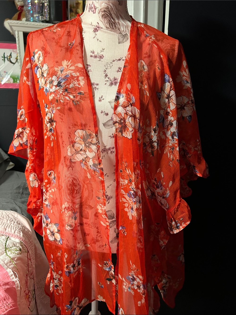 Jolt Red Floral Sheer Kimono Wrap